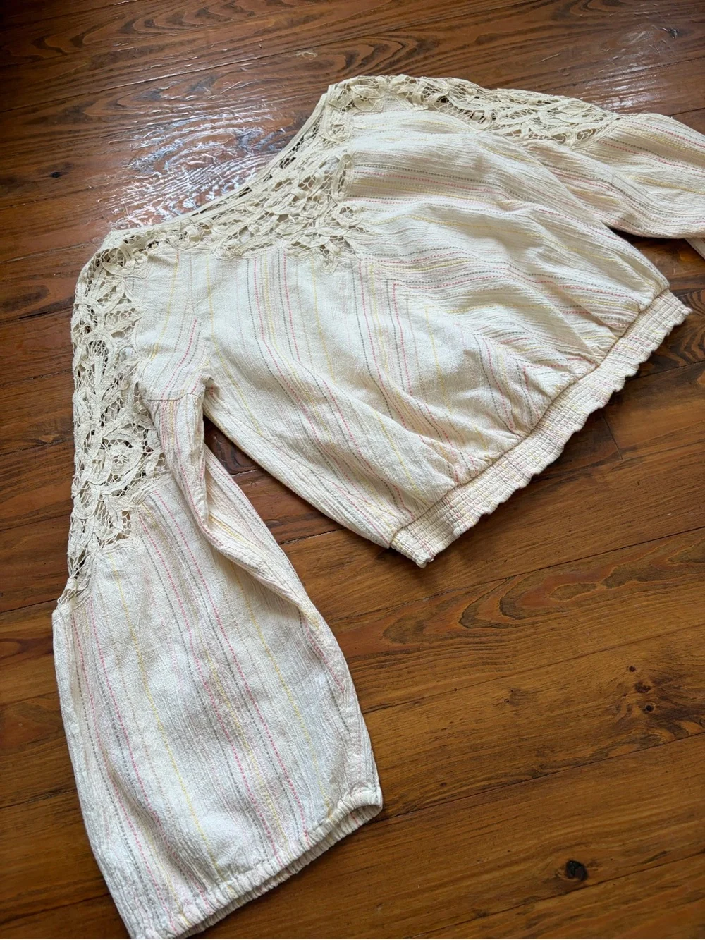 Free‎ People Floating Memories Blouse Retro Crochet Lace Ivory size L Boho